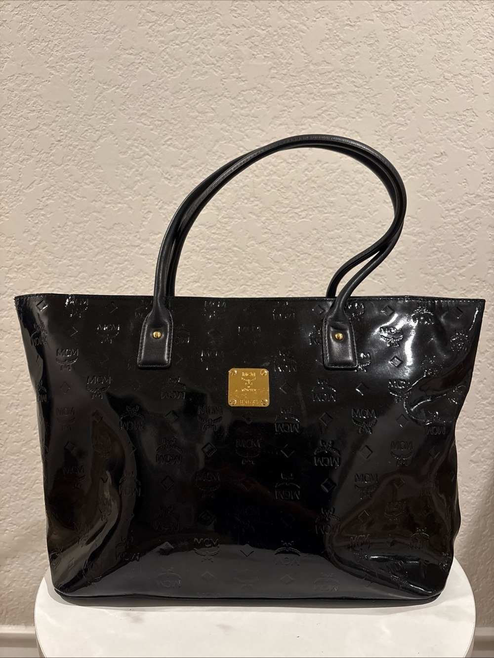 MCM Black Patent Leather Tote with Gold Plaque